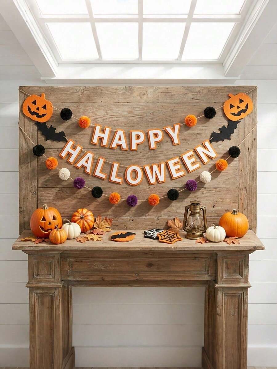 1 Set Happy Halloween Felt Banner Pumpkin Bat Pom Pom Garland Wall Hanging Decoration - View 1