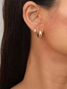 6pcs Minimalist Gold-Plated Copper Metal Invisible Earrings For Girls, Glossy Small Geometric Hoop Hip-Hop Style - one-size - View 6