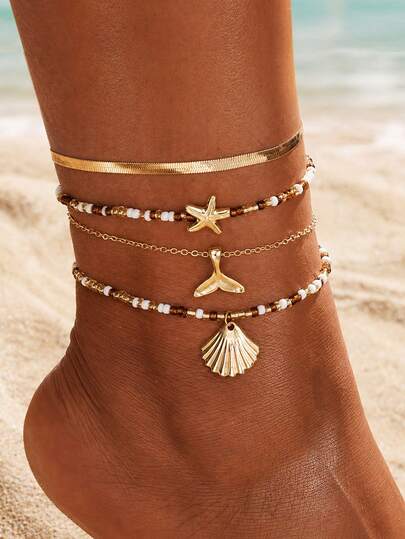 4pcs Women's Beach Vacation Metallic Starfish Pendant Anklets, Minimalist Pearl Beaded Multi-Layer Ankle Jewelry