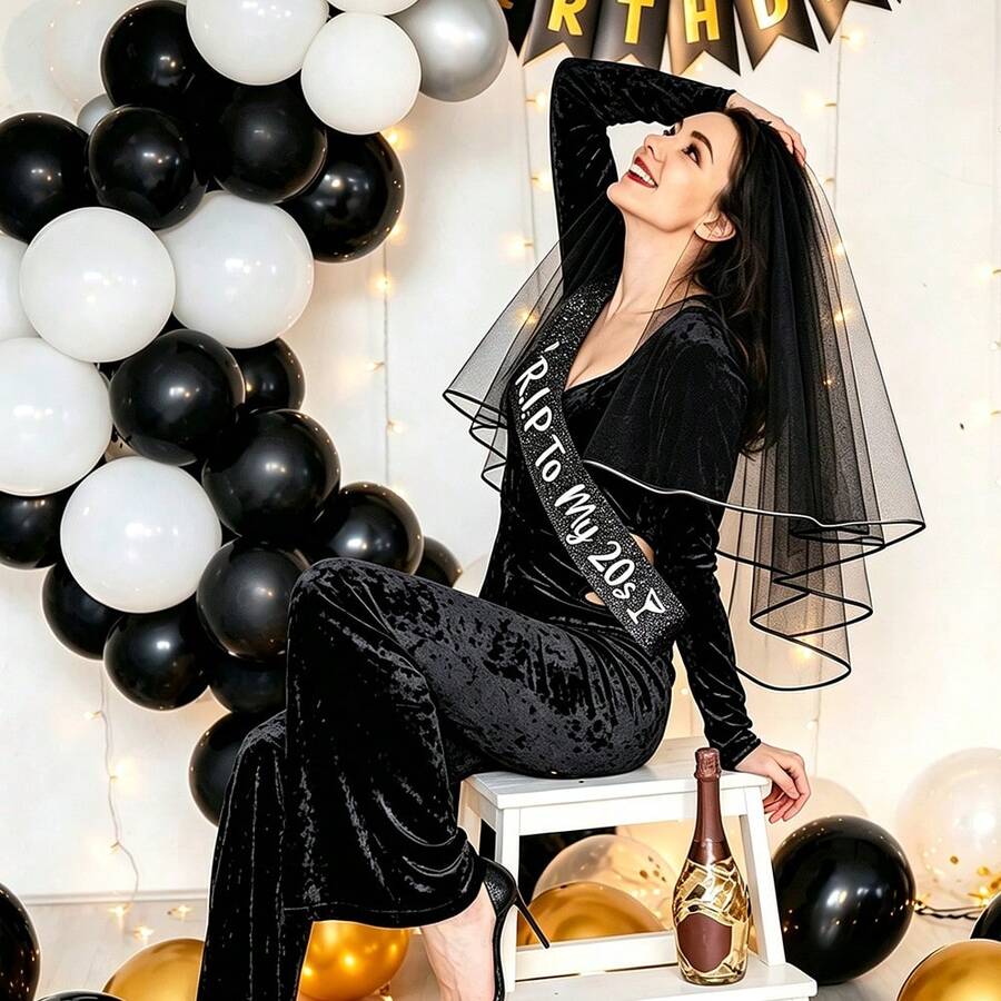 RIP 20th Birthday Black Veil 20th Death Theme Alternative Gothic Funeral Decor 30th Birthday Party Thirty And Standing Decorations Birthday Queen Crown Commemorative Gift Photo Props - Veil - View 1