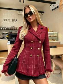 Women's Red Plaid Woven Double-Breasted Long Sleeve Jacket With Tassel Trim, Perfect For Autumn/Winter - Red - View 1