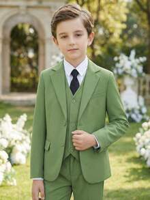 Boys 3 PiecesFormal Suit Set Blazer&Vest&Pants Classic Slim Fit Comfortable Style Outfit Perfect For Wedding Birthday Party Family Holiday Occasions - Green - View 1