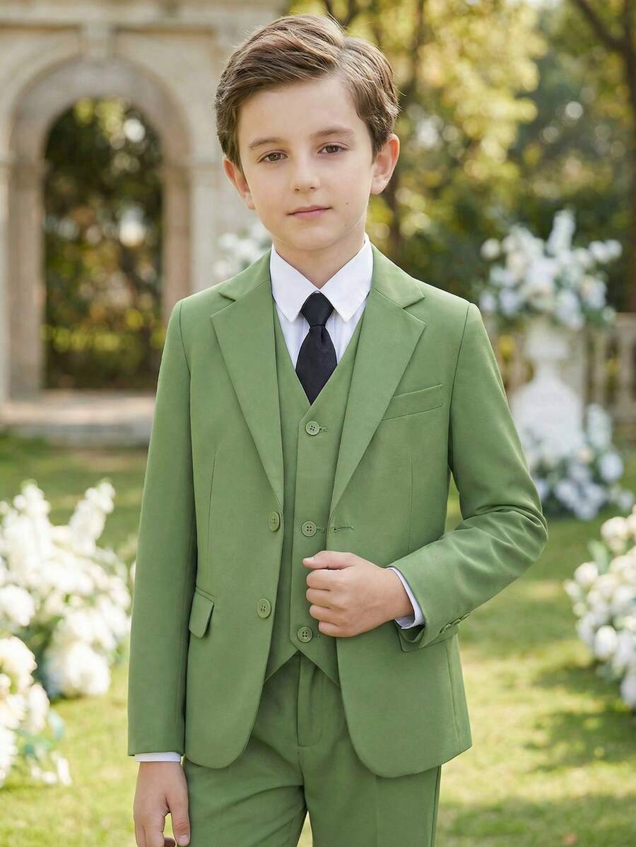 Boys 3 PiecesFormal Suit Set Blazer&Vest&Pants Classic Slim Fit Comfortable Style Outfit Perfect For Wedding Birthday Party Family Holiday Occasions - Green - View 1