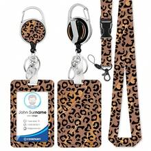 Personalized ID Badge Set With Lanyard, Featuring A Retractable Badge Holder, Retractable Clip, And Detachable Neck Lanyard, Vertical Design - Suitable For Women, Nurses, Doctors, Students, And Teachers (Leopard Print Version) - Leopard - View 2