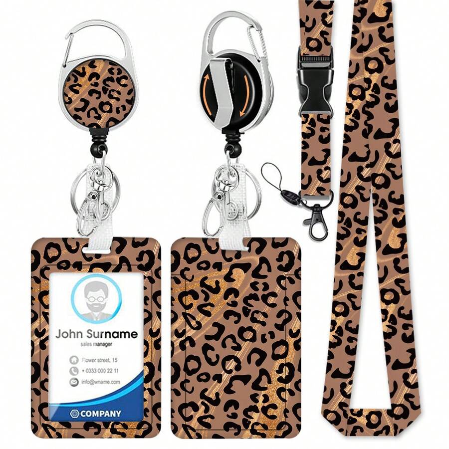 Personalized ID Badge Set With Lanyard, Featuring A Retractable Badge Holder, Retractable Clip, And Detachable Neck Lanyard, Vertical Design - Suitable For Women, Nurses, Doctors, Students, And Teachers (Leopard Print Version)