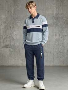 Teenager Spring/Autumn 2-Piece Set, Letter Striped Print Colorblock Polo Shirt With Matching Jogger Sweatpants, Versatile Casual Outfit For Students - Royal Blue - View 4