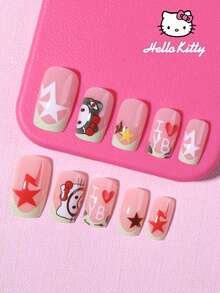 Sanrio Hello Kitty 24pcs Medium Square 3D Gel Leopard & Green French Tip Short Nails, Pink Shark Coating, Hello Kitty, Bow, Star And Heart Design, Perfect Fit Acrylic False Nail Set, Suitable For Girls Daily And Party Use - Multicolor - View 3
