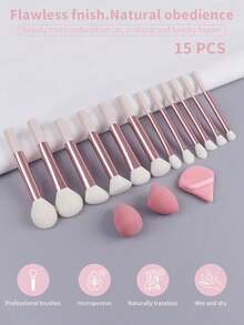 12pcs Multi-Function Makeup Brush Set, Includes Powder Brush, Blush Brush, Foundation Brush, Eyeshadow Brush, Blending Brush, Contour Brush, Slanted Makeup Sponge, Round Makeup Sponge And White Powder Puff - Baby Pink - View 2