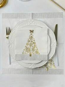 20pcs Gold Foil Christmas Tree Napkins – White Background Featuring Gold And Silver Foil Christmas Tree Patterns And Elegant Snowflake Designs, Accented With Gold Bows; Suitable For Christmas Celebrations. - Multicolor - View 7