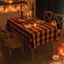 1pc Black & Orange Large Plaid Halloween Tablecloth, Vintage Atmosphere Dining Table Cover, Party Gathering Tabletop Decor Table Cloth - Multicolor - View 1
