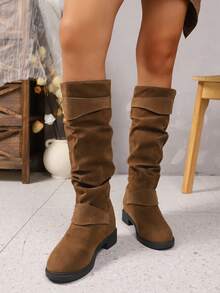 Vintage Leopard Print Ruched Mid-Calf Riding Boots For Women, Round Toe Metal Ring Buckle Low Chunky Heel Casual Western Boots - Brown - View 4