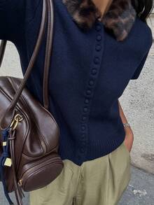DEEKA Autumn/Winter New Women's European And American Style Fashion Animal Print Collar Knit Cardigan Summer - Navy - View 1