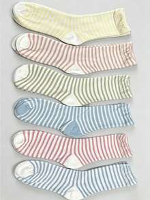 1/3/6 pares de calcetines a rayas multicolores, resistentes al olor y transpirables, de media pantorrilla, estilo lindo japonés & coreano inspirado en la escuela, versátiles y holgados - Multicolor - Ver 16
