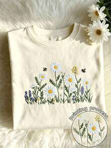 Y2K Style, Fashion Style, Newest 2026, Cute Style, Casual Style, Women's Blouses > Clothing. Sunflower Embroidery Design, Vibrant Floral Print Spring And Summer Set For Women, Casual Round Neck Short Sleeve T-Shirt For Women 180g (S-XXXL) - 淺杏色 - 查看 6