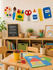 1pc Back To School Art Decor Hanging Banner, Palette Paintbrush Crayon Scissors Glue Bottle Ruler Sketchbook Hollow Hanging Sign, Foldable Lightweight Wall Decoration, Suitable For Art Classroom Library Study Office First Day Of School Indoor Party Wall Decor - J - View 9
