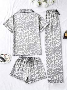 3pcs/Set Women Leopard Print Pocket Short Sleeve Top And Shorts & Pants Pajama Set, Suitable For Spring, Summer And Autumn - Light Grey - View 2