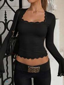 Unadoll Women Fall‑Winter Black Basic Square Neck Lace Trim Flare Long Sleeve Crop Top, Solid Fitted Blouse, Casual Tee For Back To School & Going Out - Black - View 2