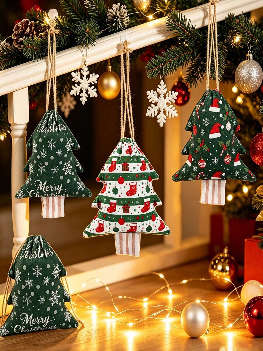 1pc Tree-Shaped Drawstring Storage Bag, Christmas Print With Hanging Rope Detail, Decorative Storage & Gift Packaging, Christmas Tree Ornament, Suitable For Christmas Party, Home Fireplace & Window Decor