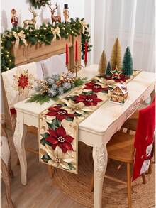 1件裝聖誕亞麻桌旗，紅白色一品紅花紋，183*33cm聖誕桌布桌巾，Merry Christmas聖誕裝飾，聖誕餐桌裝飾，廚房餐桌裝飾，節日派對裝飾，冬季家居裝飾，室內外通用 - 彩色 - 查看 7