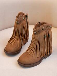 Children's Ankle Boots New Girls' Boots, Little & Big Kids Retro Suede Mid-Calf Boots With Tassels And Rivets, Western Cowboy Style School Boots - Brown - View 4