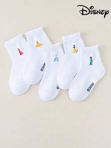 5 Pairs Girls Disney Princess Aurora, Belle, Cinderella, Snow White, Jasmine Printed Ruffle Short Socks, Soft Breathable High Elastic Comfortable, Suitable For Daily Home And School Wear - Multicolor - View 9