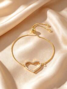 GEREIT 1pc Copper Micro-Inlaid Zirconia 14K Gold Plated Adjustable Cord Heart Moon Star Flower Bracelet - Gold - View 9