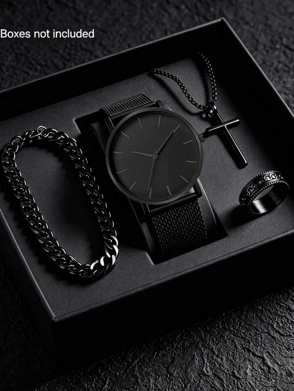 4PCS/1PC Watch Set, Men's Black Minimalist Wristwatch With Nylon Braided Strap, Minimalist Style, Paired With Cuban Bracelet, Cross Necklace And Vintage Ring, Full Set Of Men's Accessories, Suitable For Daily Wear, Can Be Given As A Luxury Gift For Men, Boyfriend On Valentine's Day, Birthday, Father's Day