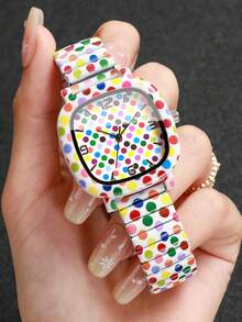 Women's Square Colorful Polka Dot Print Quartz Watch, Elastic Stretch Band Colorful Polka Dot Print Digital Scale Dial Personalized Design Wristwatch, Exquisite Gift For Girlfriend (1pc/Set) Watch Box Not Included - Multicolor - View 2
