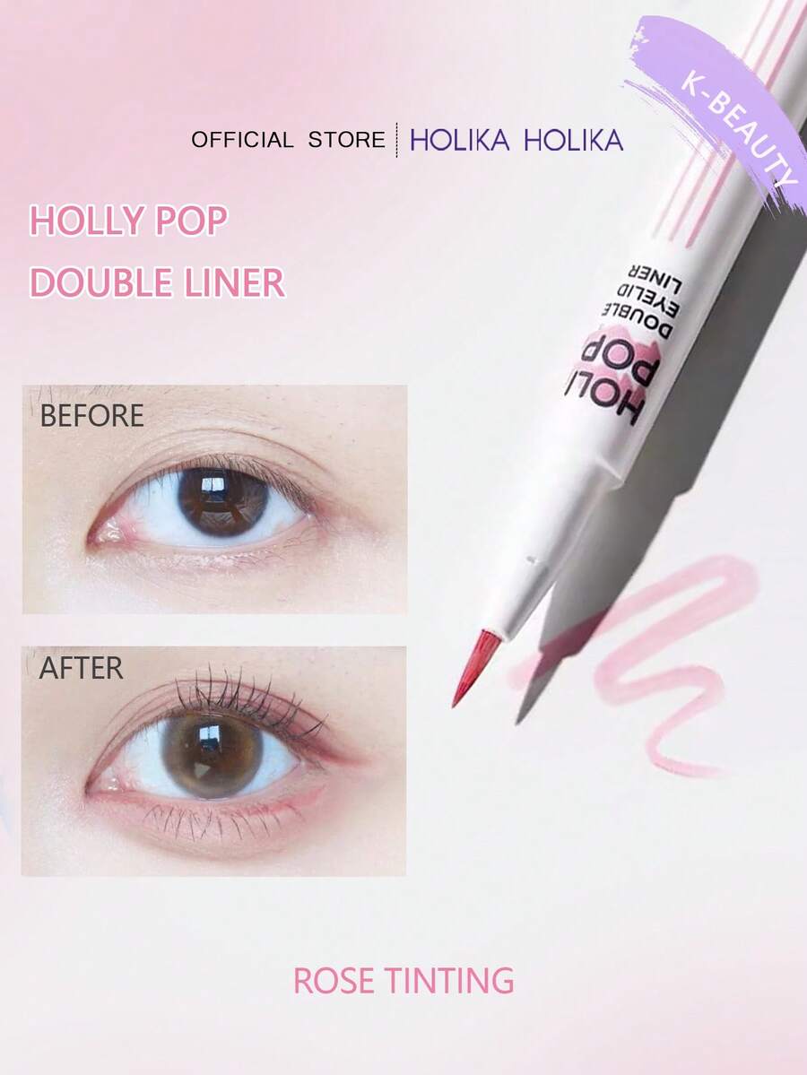 HOLIKA HOLIKA Delineador de Olhos de Ponta Dupla Holly Pop #03 Rosa, Leve como Pluma, Preciso como Tinta, Duração de 24 Horas, Secagem Rápida, Não Puxa, Livre de Óleo, Tamanho Portátil Mini, Resistente a Suor, Adequado para Pálpebras Monolúpicas, Crie Delineadores Únicos, Maquiagem Coreana, 0,5g/0,01oz