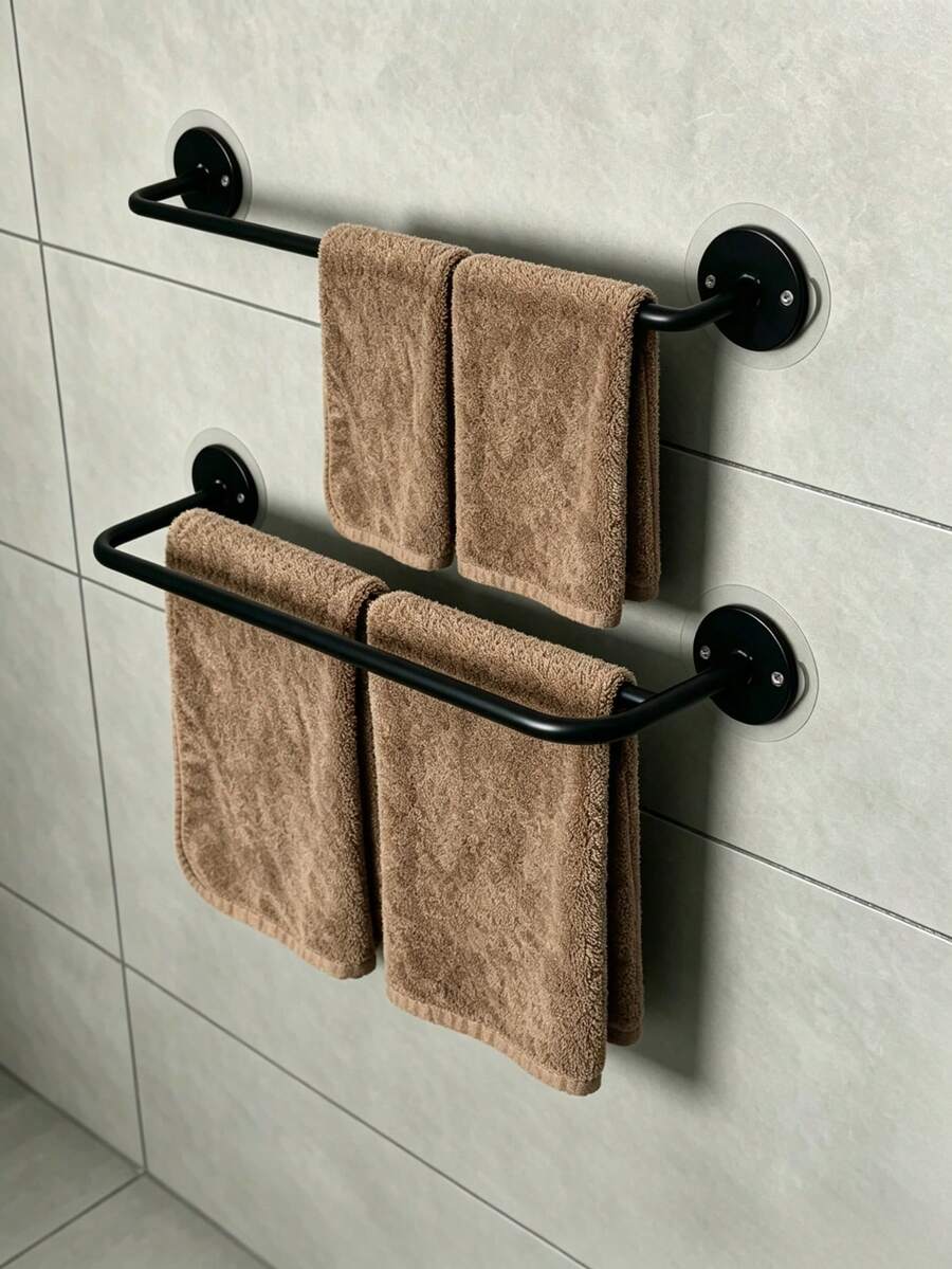 1 Pc Drilled Iron Single‑Bar / Double‑Bar Towel Rack, Comes With Installation Accessories, Screw‑Fixed Reinforced Base, Sturdy Bathroom Bath Towel Hanger, Suitable For Hanging Towels And Cleaning Cloths In Bathrooms And Laundry Rooms - Multicolor - View 1