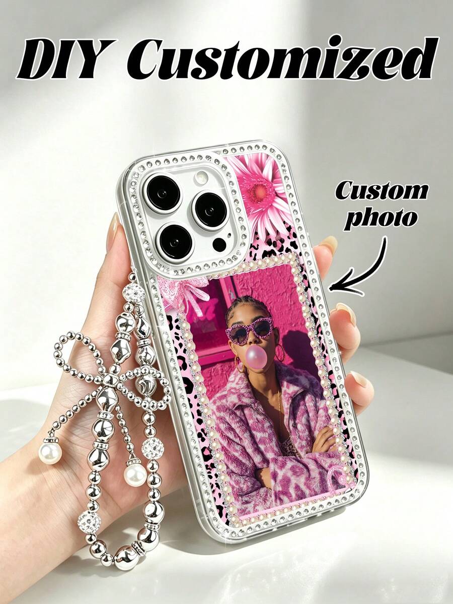 1 New Luxury Fashion Four-Sided Sparkling Diamond Transparent Phone Case, Customizable Couple Photo, Electroplated Silver Luxury Sparkling Diamond Transparent Phone Case, Leopard Print, Suitable For IPhone 16e/17 Pro Max/15 Pro Max/14 Plus/13 Pro, Shockproof Protection Hard Acrylic Material, With Anti-Collision Frame, Christmas Gift, Customizable, Cute Y2K Style | Summer Phone Case | High Quality Phone Case | Gift For Girls - Clear - View 1