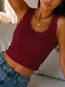 Women's Lace Patchwork Fitted Casual Everyday Top - Burgundy - View 2
