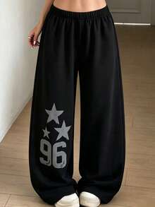 Lurzo Girls' Y2K Casual Retro Straight Leg Pants, Vintage Number 96 + Five Star Print, Comfortable Drape, Suitable For Campus And Outdoor - Black - View 2