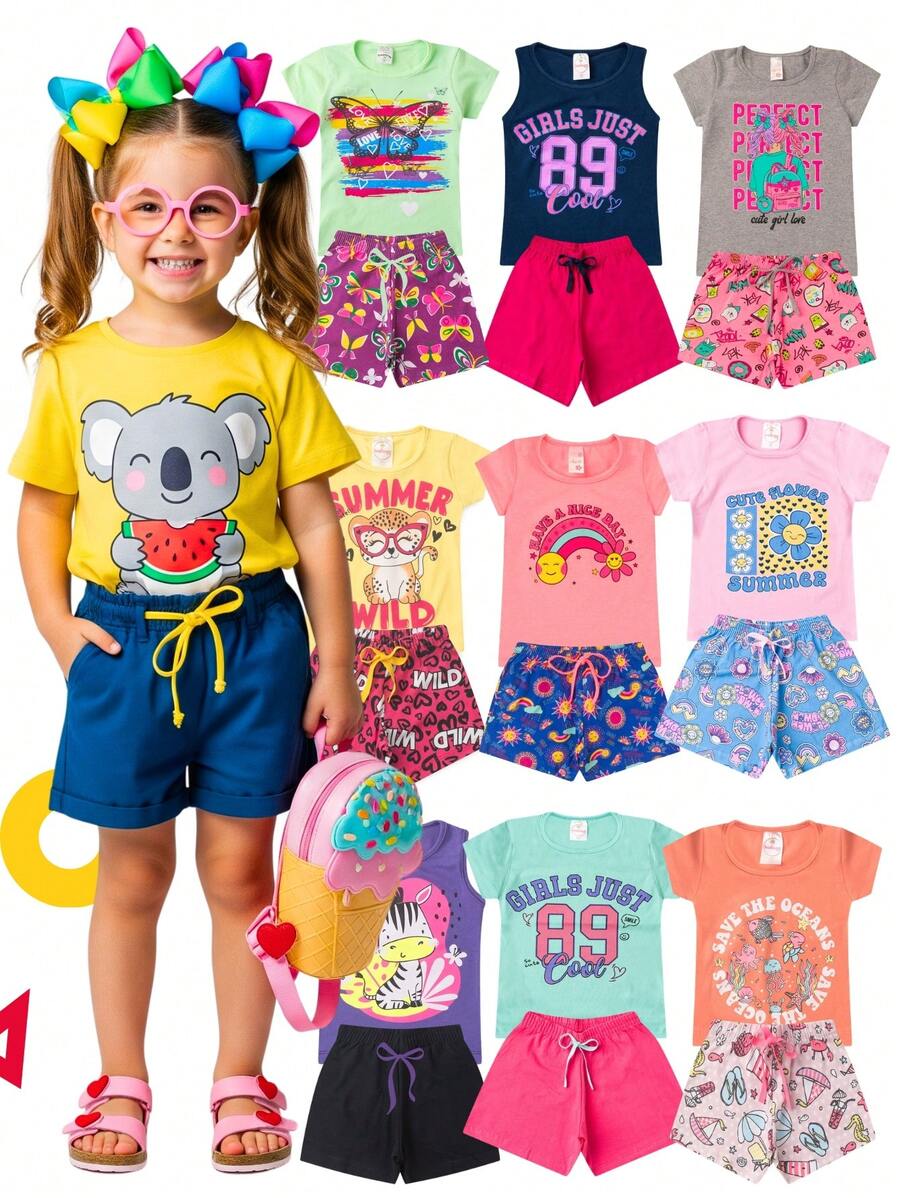 Kit Verão Infantil 10 Peças Menina Conjunto Feminino - 5 Camisetas e 5 Shorts
