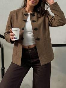 Vintage Brown Open Front Casual Jacket, New Chinese Style Frog Button Stand Collar Women's - Coffee Brown - View 2