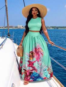 Women's Plus Size Elegant Holiday Casual Solid Color Sleeveless Tank Top And Tropical Coconut Tree Print Long Skirt 2-Piece Set, Vacation, Summer, Tropical Style (Positioned Print) - Green - View 1