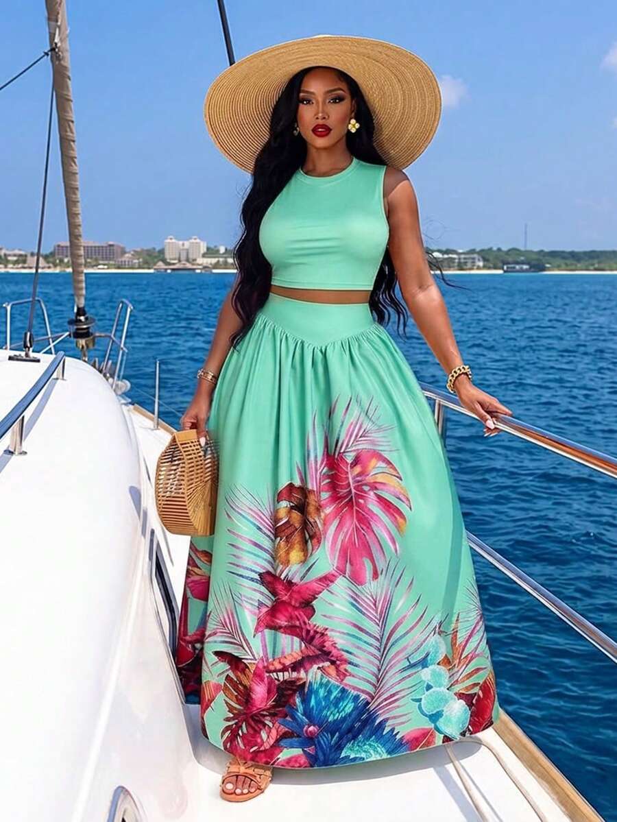 Women's Plus Size Elegant Holiday Casual Solid Color Sleeveless Tank Top And Tropical Coconut Tree Print Long Skirt 2-Piece Set, Vacation, Summer, Tropical Style (Positioned Print) - Green - View 1