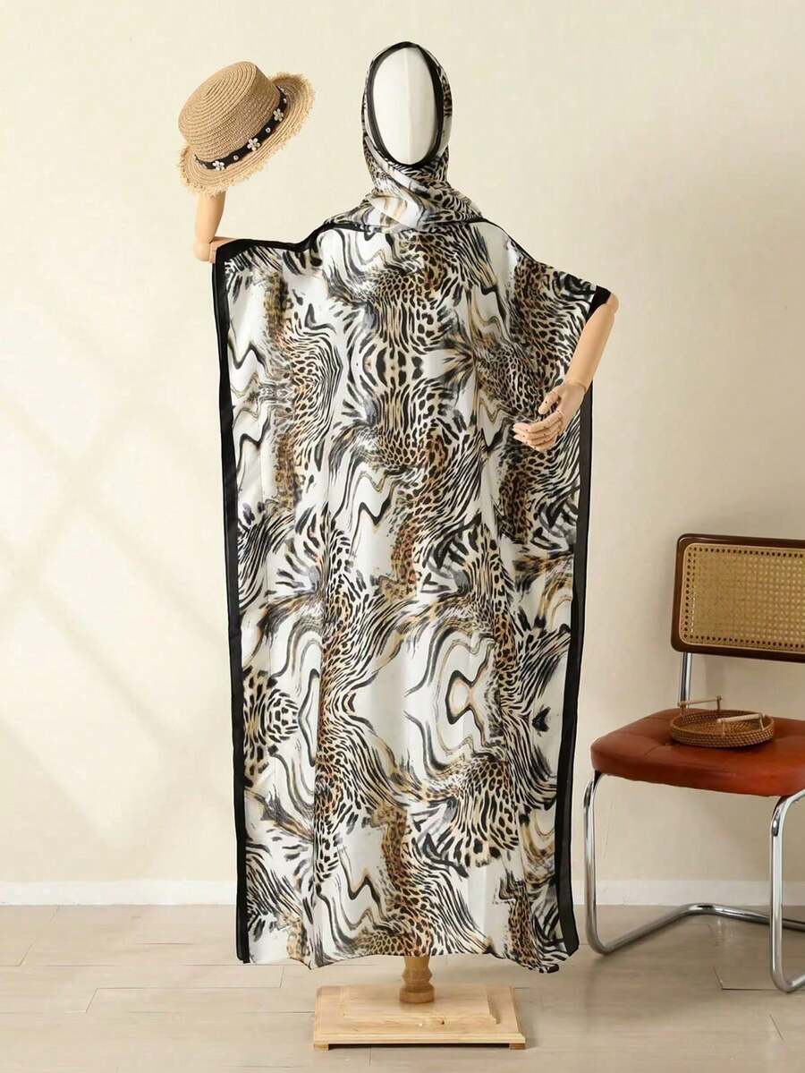 1件裝仿絲斑馬紋長款披風長袍附小圍巾套組,女款外套裝飾,海灘防曬防風抗UV,日常穿著 - 彩色 - 查看 1