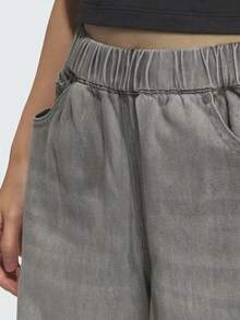 Adidas Three-Leaf Clover Women's Wide-Leg Jeans Curved Hem Pants - Medium Heather Gray - View 5