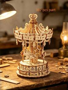 302pcs 3D Wooden Puzzle Model Kit, Christmas/Birthday Educational Puzzle, Suitable For Adults And Teens, 3D Wooden Puzzle Music Box Assembly Kit, Exquisite Rotating Carousel Display Gift, Suitable For Teens Boys And Girls And Families - Merry-go-round - View 10