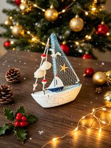 1pc Ocean Style Shell Cracked Boat Ornament, Creative Wooden Sailboat Model Small Decoration, Creative Decorative Craft, Desktop Ornament (Handmade Products May Have Slight Flaws, But They Do Not Affect Use) - Multi-color - View 10