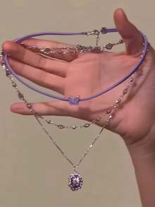 Kalung Bertingkat untuk Wanita, Gaya Manis & Keren, Rantai Kalung Choker Ungu Premium - Lilac Purple - View 7