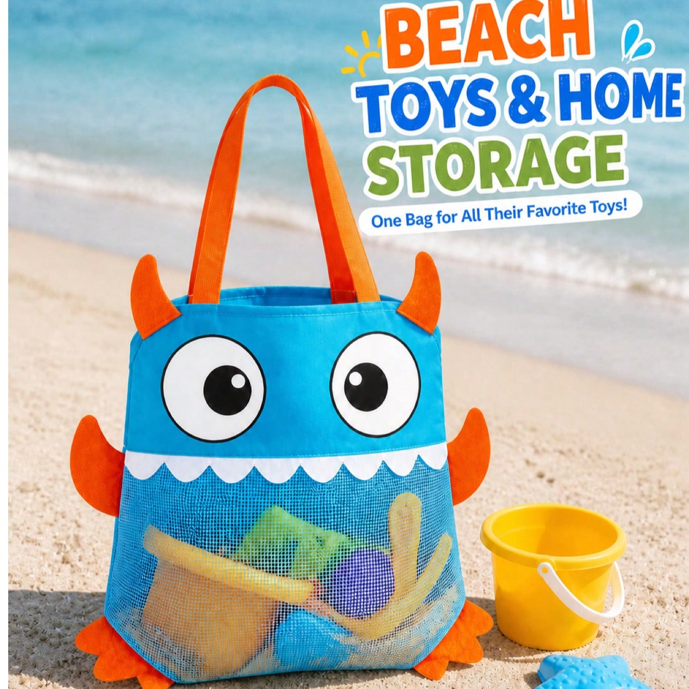 1 pezzo Borsa giocattoli da spiaggia per bambini, grande borsa tote in rete pieghevole, borsa di stoccaggio con filtro per sabbia a forma di mostro
