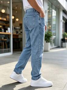 男士休閒水洗錐形牛仔褲 - 寶藍色 - 查看 4