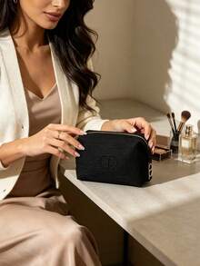 Black Textured Linen Embossed CD Logo Makeup Bag, Gold Zipper Large Cosmetic Storage Pouch, Portable Travel Beauty Organizer Elegant Gift For Women DIOR-GIFT-137 - Black - View 4