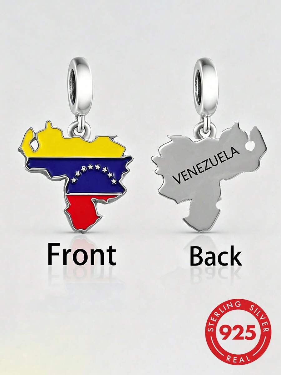 HuooNew 1pc S925 Sterling Silver Map Pendant With Large Hole For Beading, Colorful Epoxy Flag Inlay, Zirconia Stone, Double-Sided Engraving, DIY Bracelet Silver Accessory - Silver - View 1