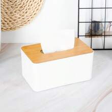 1pc Minimalist Wooden Lid Plastic Tissue Box, Black & White Dual Color Optional, Suitable For Home Dining Table, Office, Hotel Guest Room, Restaurant Tabletop Tissue Box Decoration - Multicolor - View 6