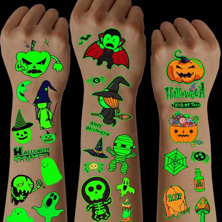 zillor 24 Sheets Fluorescent Halloween Temporary Tattoo Stickers, 250 Unique Designs Total, Glow-In-The-Dark Pumpkin, Vampire, Skull, Ghost, Bat, Spider Patterns, Halloween Party Gifts, Decorations, Costume Party Accessories, Prank Makeup Props