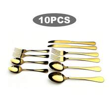 Stainless Steel Cutlery Sets (10/24/48/72 Pieces), Including Forks, Spoons, Knives, Coffee Spoons, And Steak Knives; Reusable; Serving Sizes For 2/6/12/18 People. - Gold - View 10