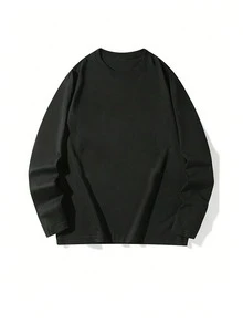 Black Plus Size Women's Solid Color Basic Long Sleeve T-Shirt, Simple Crew Neck Loose Fit Versatile Inner Layer Top - Black - View 2